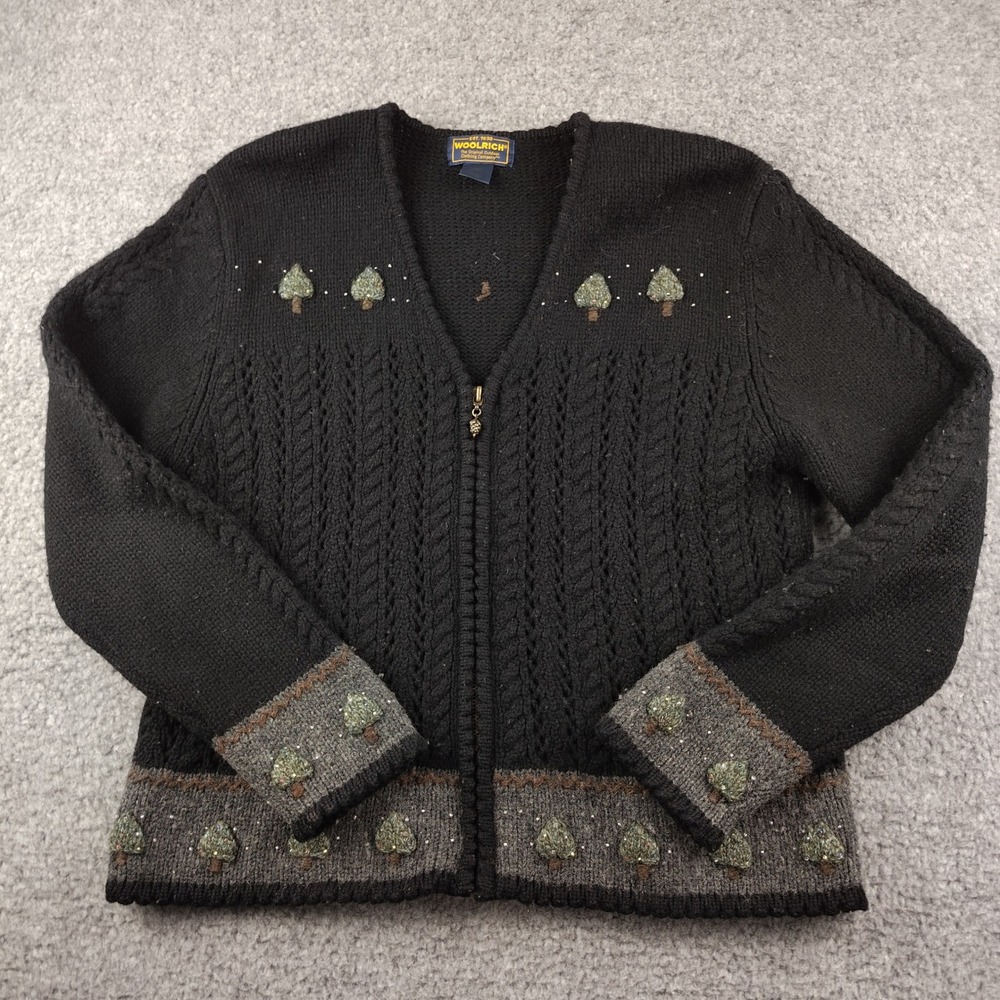 Woolrich Sweater Sz Small Cardigan Black Pine Tree Embroider Cottagecore EUC